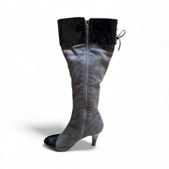 BCBGirls gray faux suede knee high boots patent look trim 7.5 NWOB - Picture 1 of 5